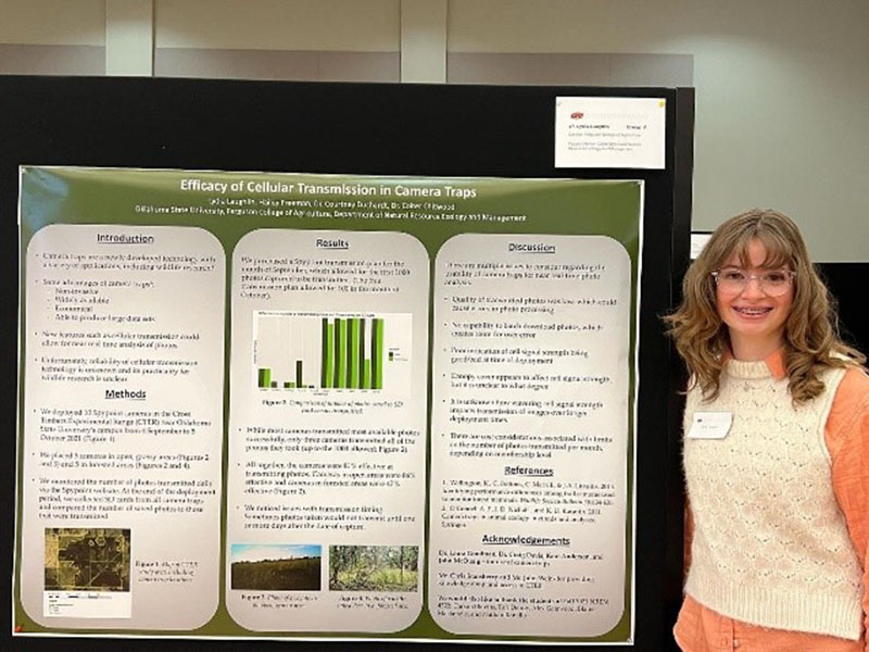 Lydia Laughlin standing in front of her poster presentation.