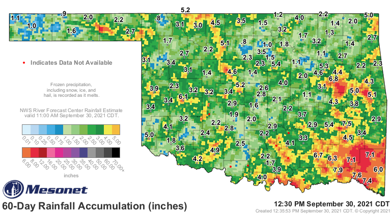 Mesonet rainfall map Sept2021 Mesonet 60 Day Rainfall Accumulation as of September 30, 2021.