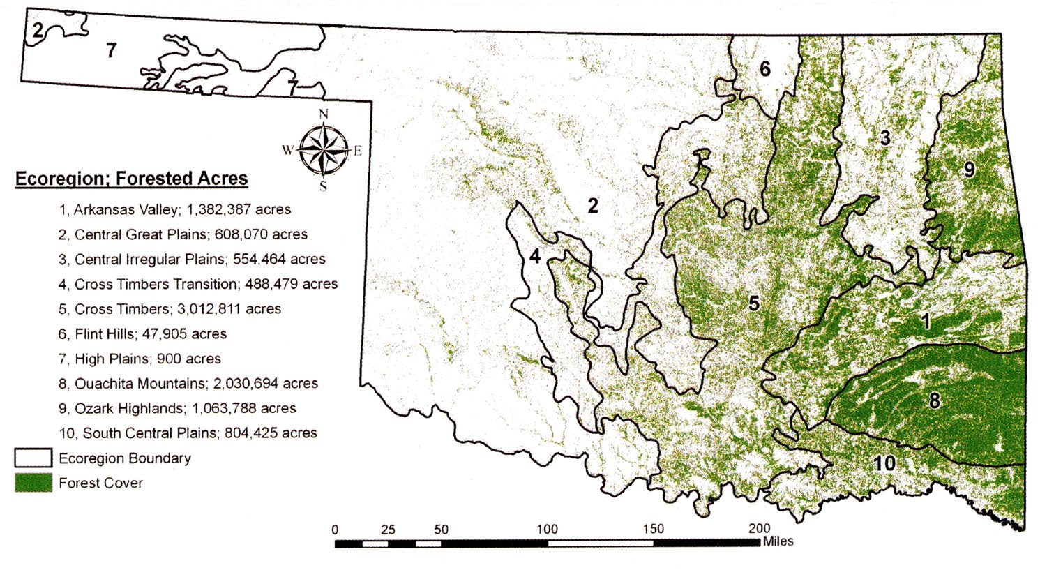 A map of Oklahoma with forest coverage. A map of Oklahoma with forest coverage.