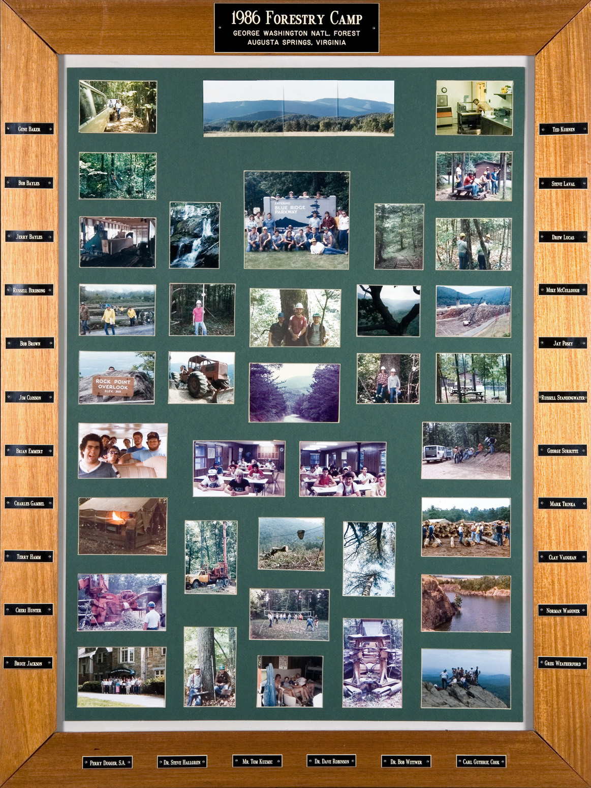 A wooden collage board displaying photos from Forestry Camp of 1986.