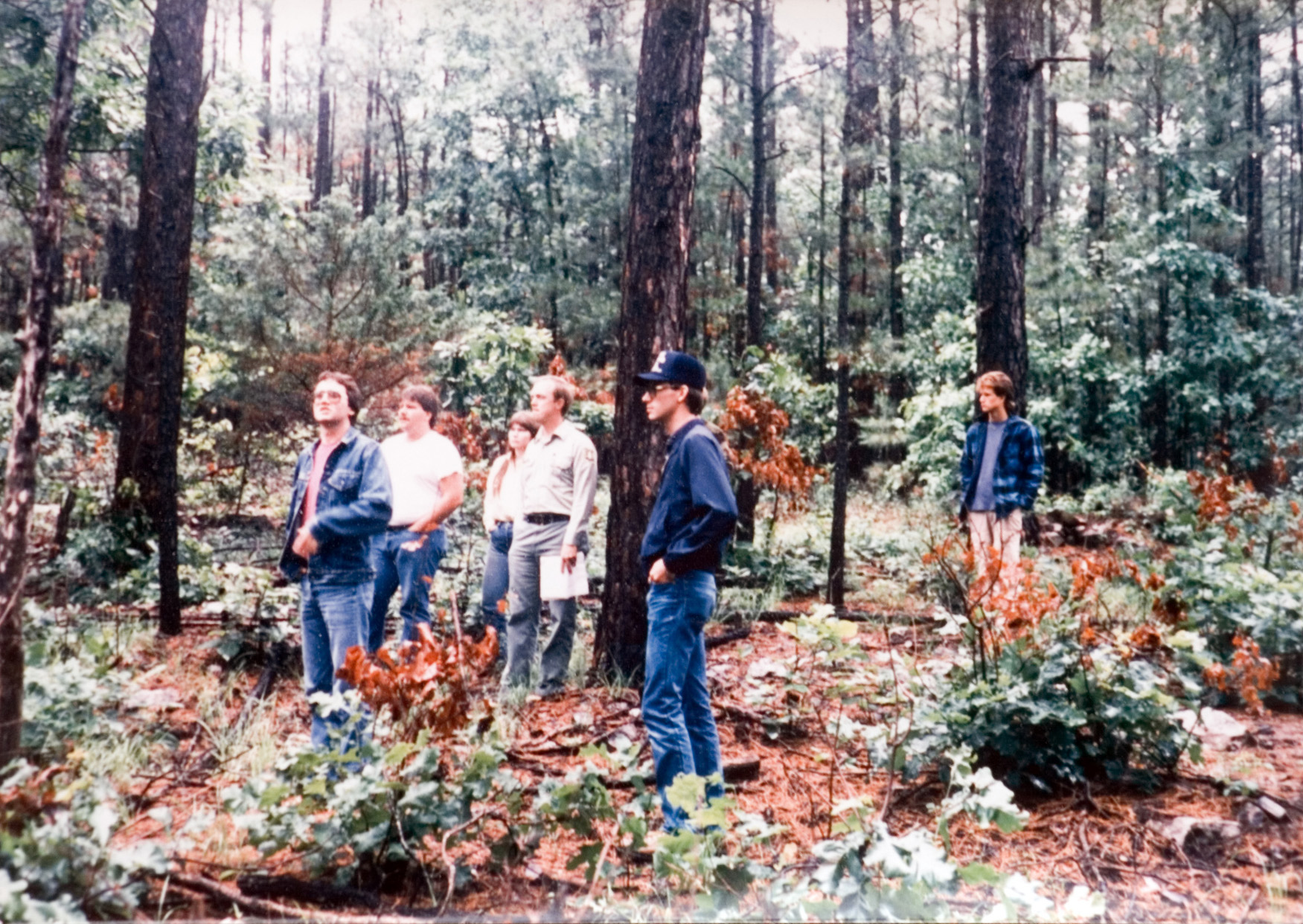 Six students stopping for a break from a hike in the forest.