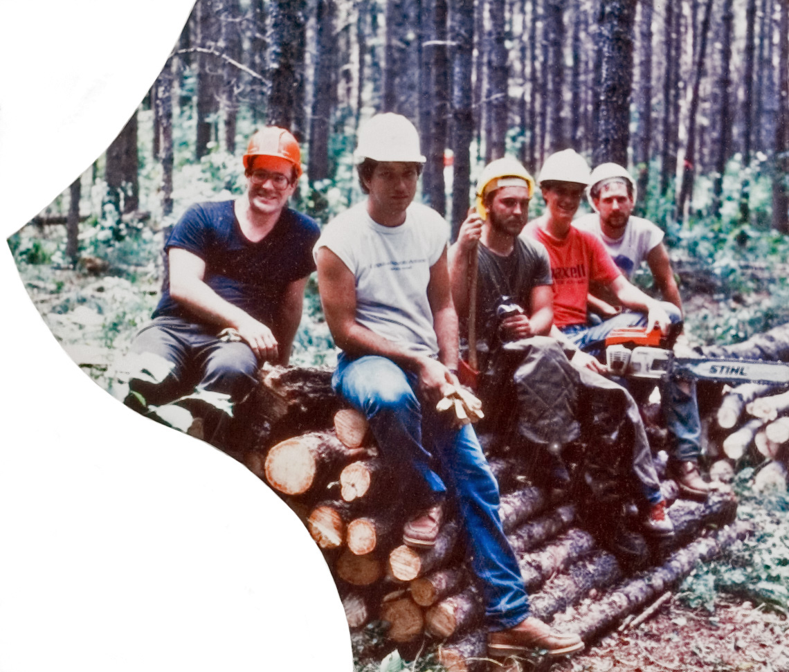 Five students in hardhats sitting on a pile of logs in the forest.