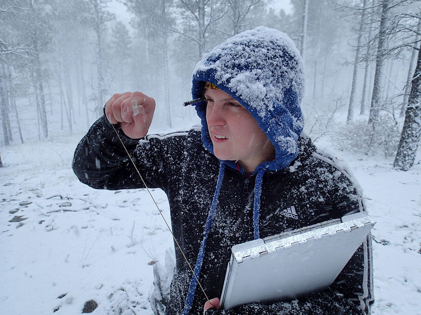 An individual taking a measurement in the snow while holding a clipboard. 