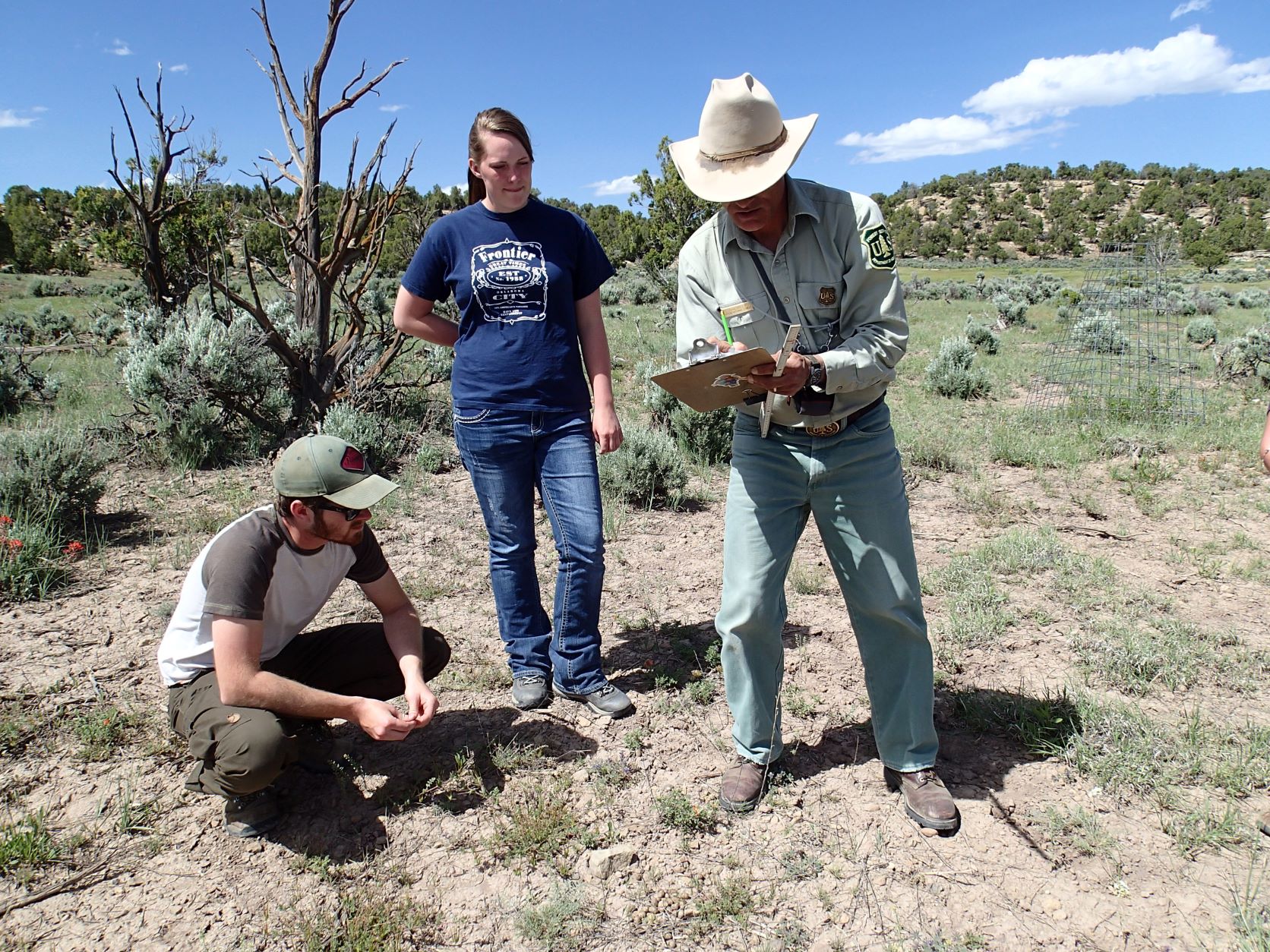 Three people taking notes standing on a valley. Three people taking notes standing on a valley.