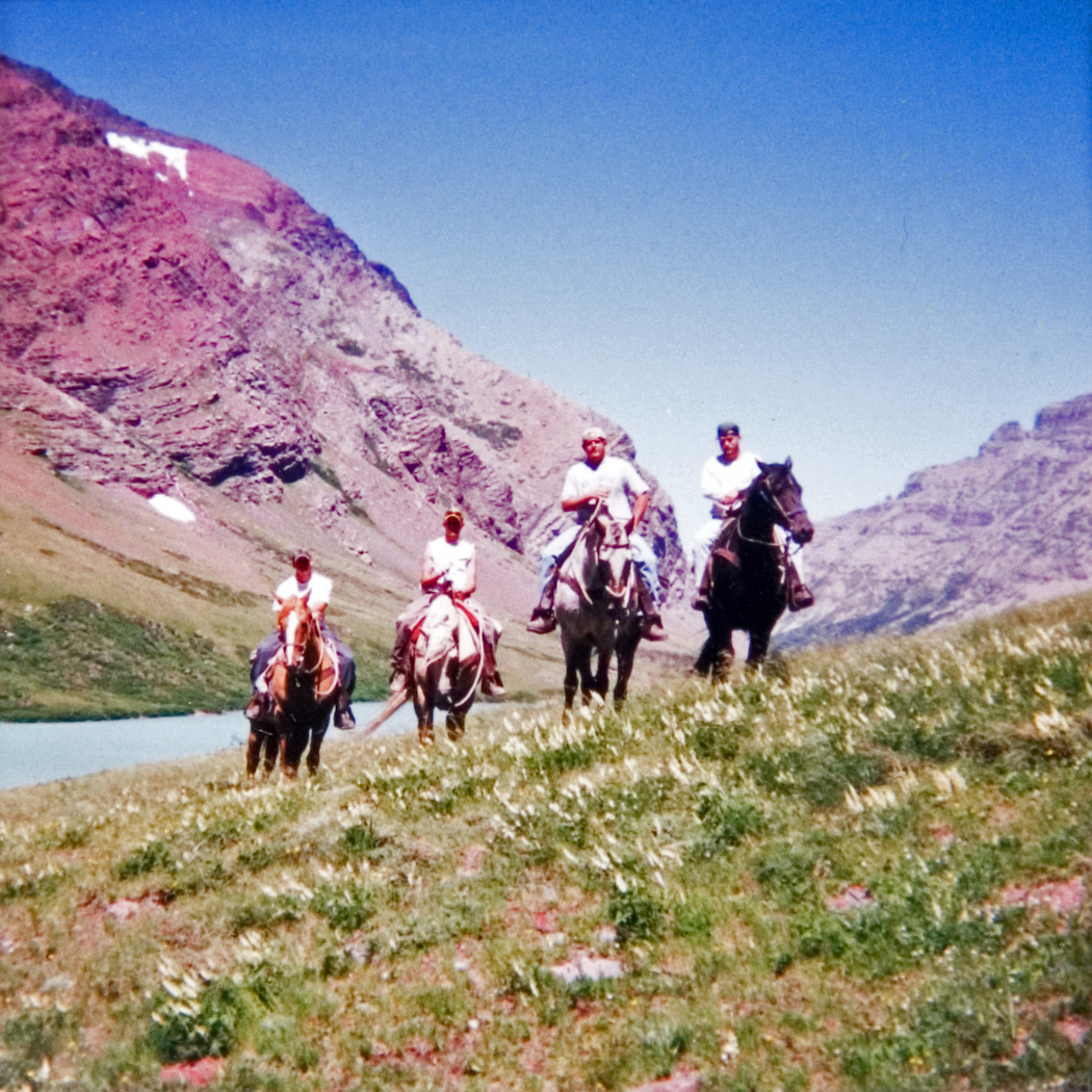 Four students in a grassy field, riding horses in front of a mountain range.
