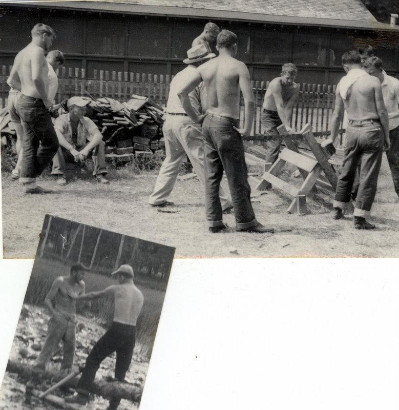 Students are working with wood outside together.