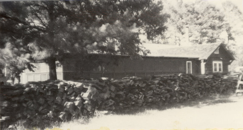 A cabin next to a tree with stacked wood logs forming a small wall around the cabin.