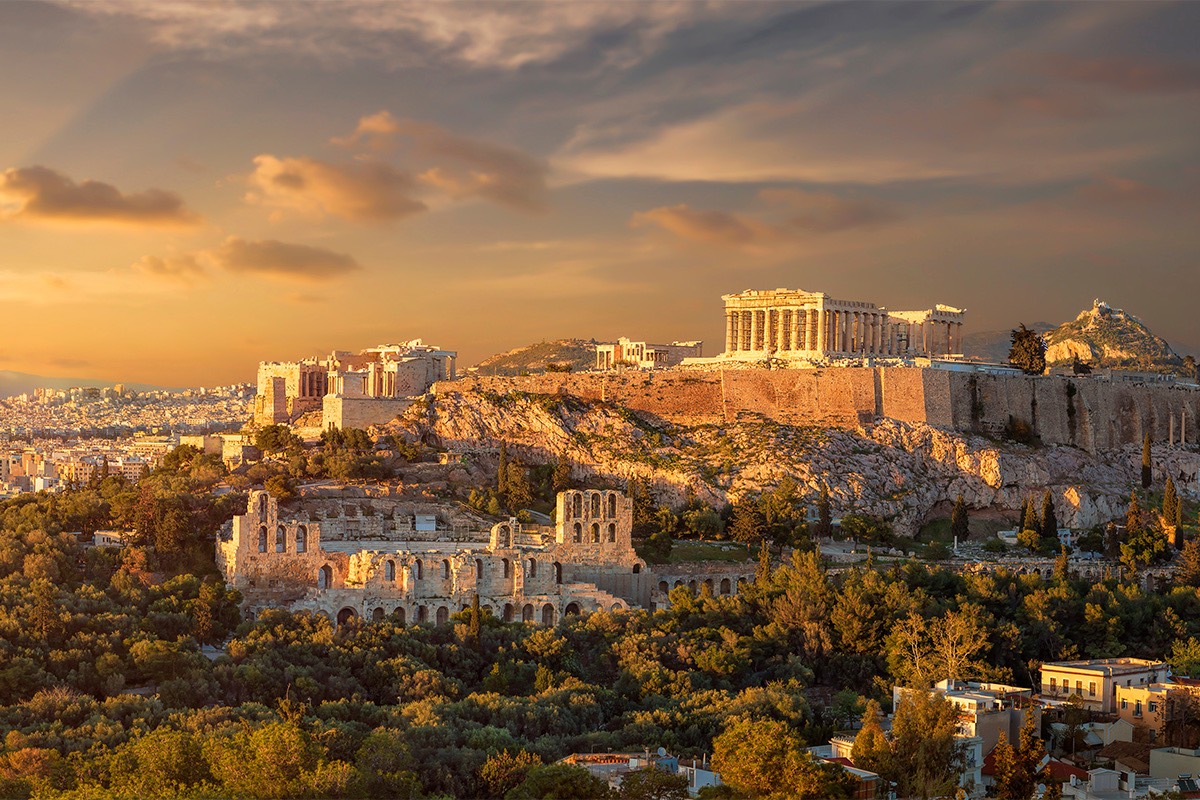 A view of ancient ruins overlooking Athens, Greece.